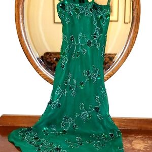 Vintage Scala Emerald Green Beaded Silk Gown